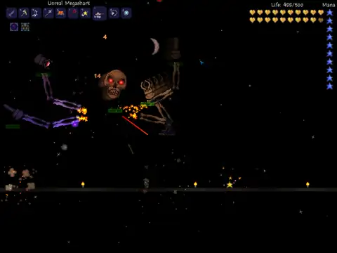 Skeletron Prime fight, in-game screenshot